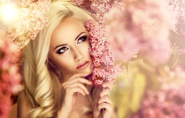 Flowers, background, model, portrait, hands, makeup, hairstyle, blonde