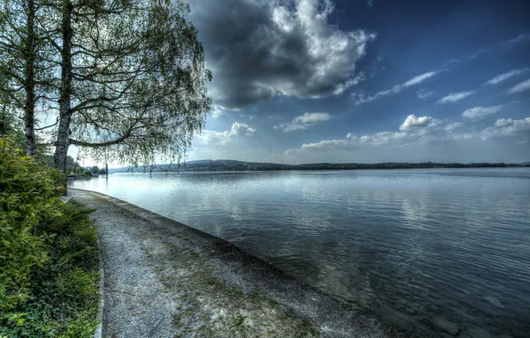 Picture clouds, trees, lake, Switzerland, hdr, promenade, Berlingen