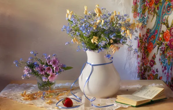 Bouquet, strawberry, book, shawl, forget-me-nots