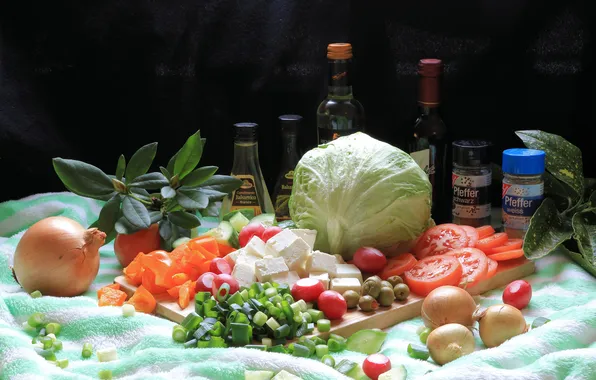 Table, bottle, vegetables, tomatoes, cabbage, a lot