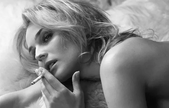 Girl, movie, the film, actress, cigarette, bed, black and white, Nude