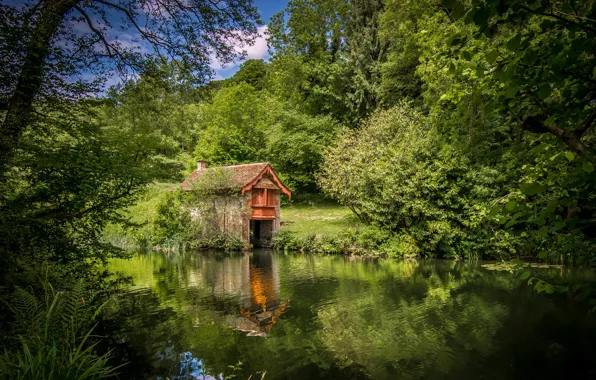 Trees, river, England, house, England, The Cotswolds, Cotswolds, Stroud District