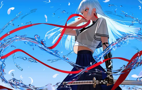 Girl, tape, katana, anime, girl, school uniform, school uniform, white hair