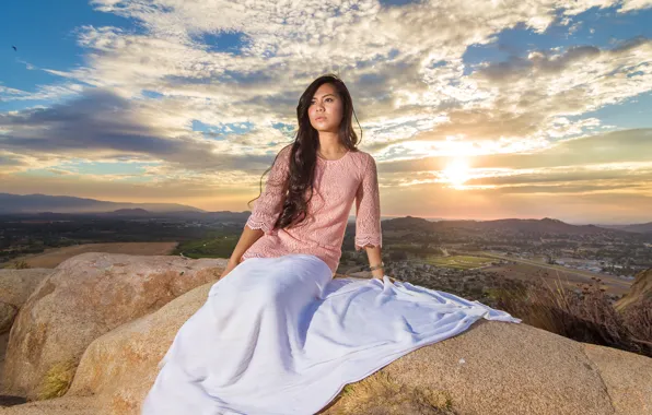 Picture sunset, hair, rock, rock, sunset, hair, white sheet, pink blouse