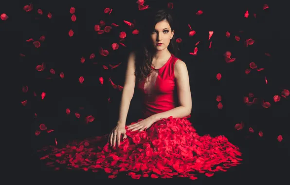 Girl, face, background, red, petals, dress, Marine