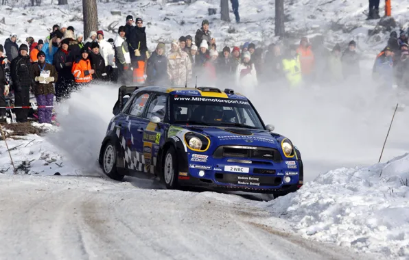 Winter, Blue, Snow, People, Skid, Mini Cooper, WRC, the front