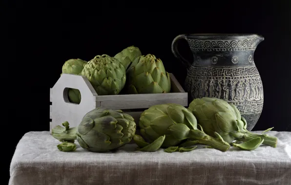 The dark background, table, fabric, pot, pitcher, still life, box, amphora