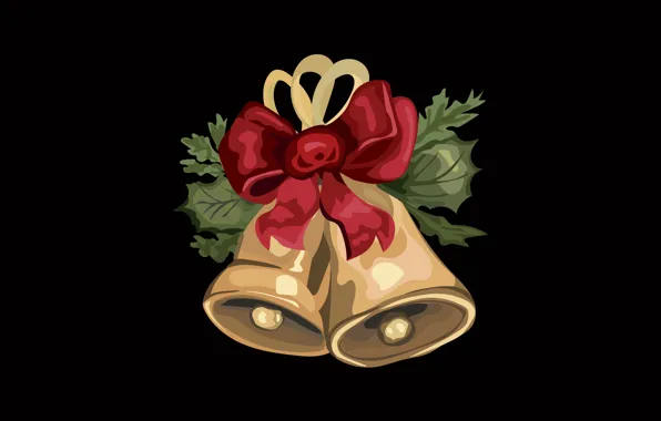 Leaves, graphics, Christmas, New year, black background, bow, bells, Christmas decorations