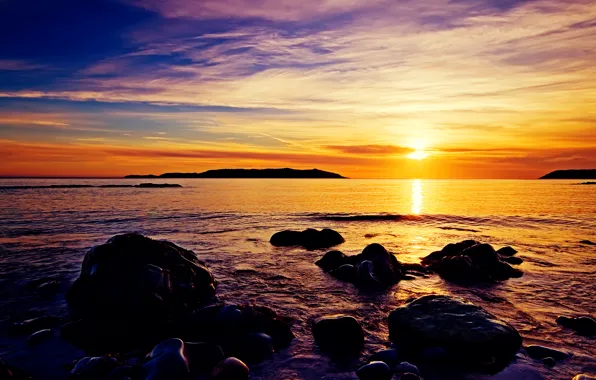 Picture sunset, lake, stones, shore