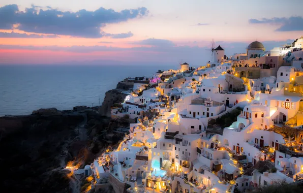 Sea, clouds, light, the city, lights, shore, coast, island