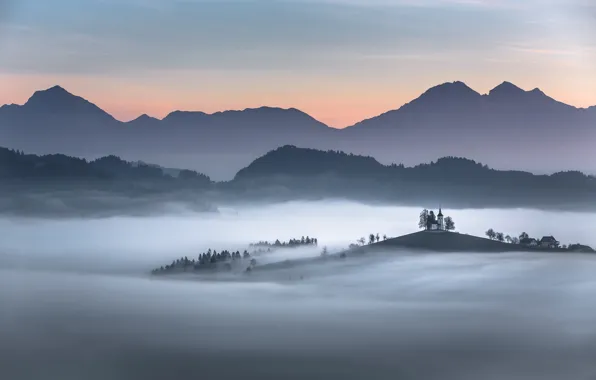 Mountains, fog, Church, Slovenia, Carpathians
