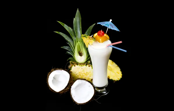 White, glass, umbrella, cocktail, fruit, black background, tube, pineapples