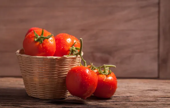 Picture drops, red, table, basket, wet, vegetables, tomatoes, bokeh