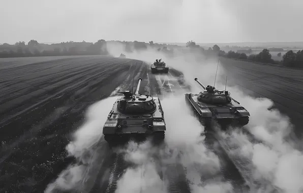 Field, Dust, Smoke, Tanks, Digital art, Black and white, AI art, The Art of Artificial …
