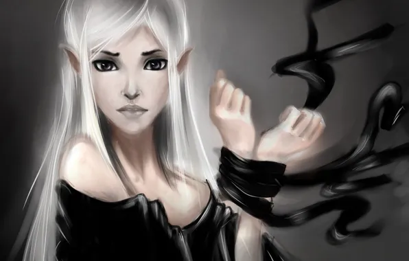 Girl, hands, art, elf, white hair, related