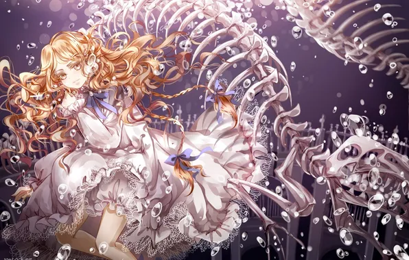Girl, bubbles, anime, dress, art, skeleton, bow, under water