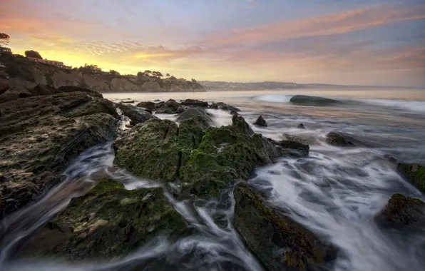 Picture sea, sunset, stones, rocks, moss, surf