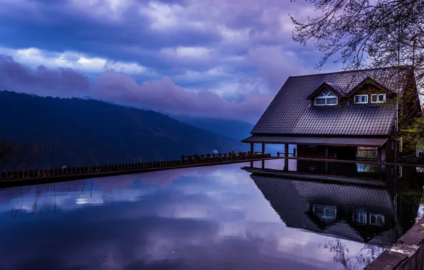 Water, clouds, pond, hills, home, the evening