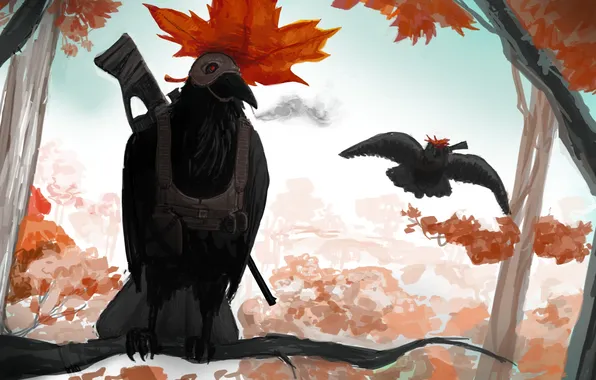 Picture autumn, forest, bird, leaf, branch, the gun, Raven, ammunition