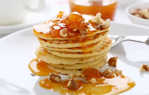 Honey, nuts, pancakes