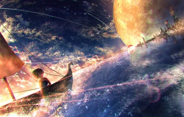 The sky, water, girl, Dolphin, the city, boat, planet, fantasy