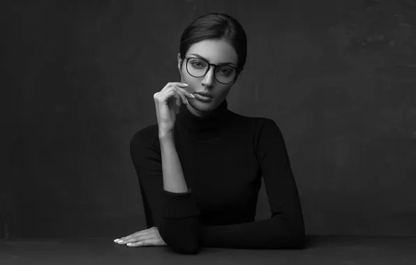Picture girl, table, background, glasses, in black, black and white photo, Mona