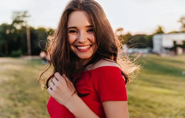 Field, girl, rays, light, joy, nature, smile, hand