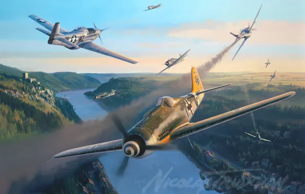 Picture war, art, painting, aviation, Nicolas Trudgian, ww2, fw 190, german fighter