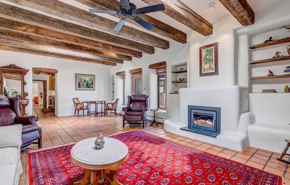 Interior, fireplace, living room, Santa Fe, hasienda