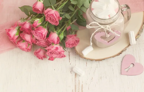 Roses, bouquet, mug, cocoa, marshmallows, marshmallows, Colnihko