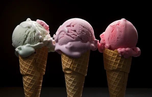 Pink, ice cream, black background, trio, different, dessert, waffle cone, AI art