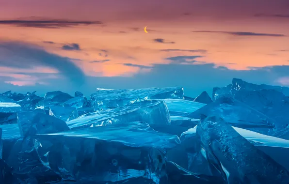 Winter, the sky, lake, the moon, ice, Baikal