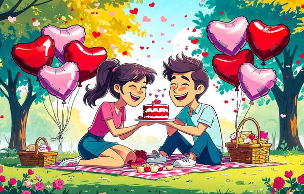 Girl, holiday, glade, heart, heart, hearts, cake, air