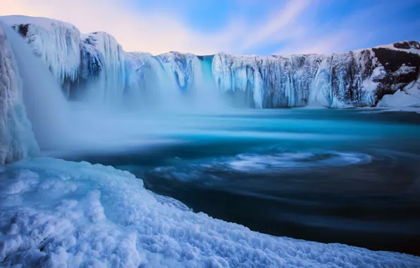 Winter, snow, nature, waterfall, ice, Iceland, December, Godafoss