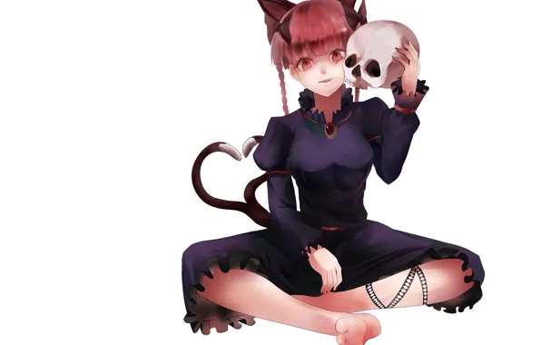 Picture skull, black dress, red eyes, art, Touhou Project, Rin Kaenbyou, black magic, Project East