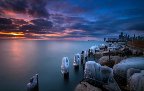 Winter, sunset, Chicago, USA