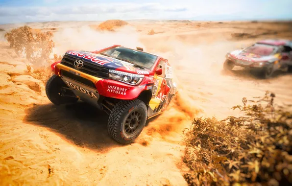 Sand, Auto, Sport, Machine, Peugeot, Toyota, Red Bull, Hilux