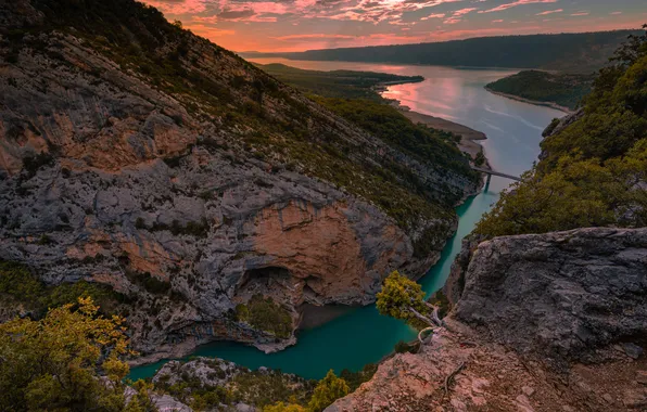 Trees, sunset, mountains, bridge, river, stones, rocks, France