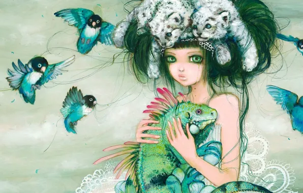 Picture girl, birds, fantasy, lizard, art, hairstyle, parrots, the cubs