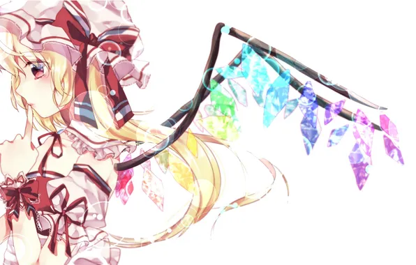 Wings, white background, profile, crystals, bow, red eyes, cap, touhou