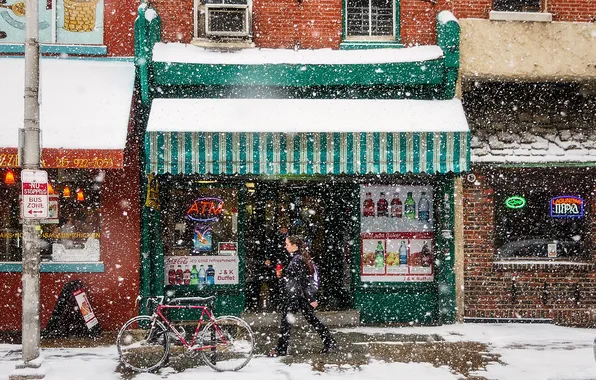 Girl, bike, the city, street, neon, Blizzard, life, restaurants