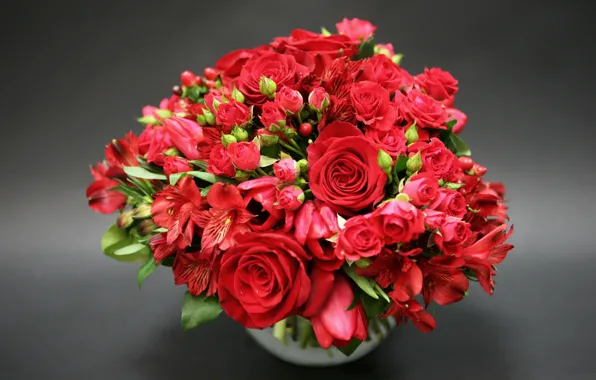 Picture red, roses, bouquet, red, buds, roses, alstremeria, bouquets