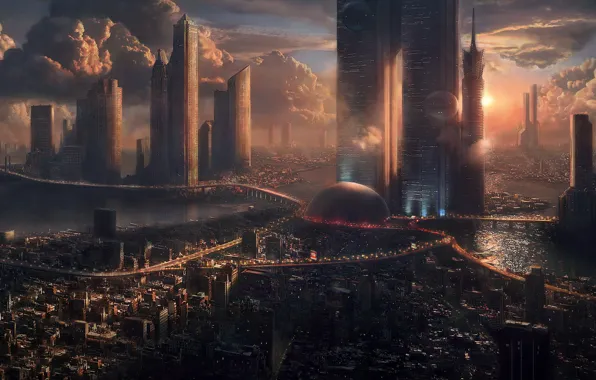 Sunset, Building, Future
