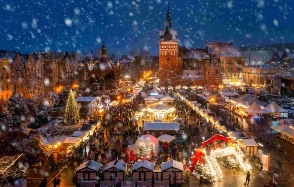 Snow, the city, lights, people, lighting, area, Warsaw, New year