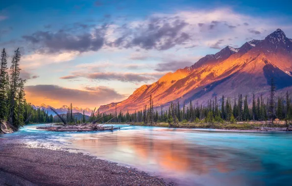 Forest, the sky, clouds, light, mountains, pebbles, lake, river
