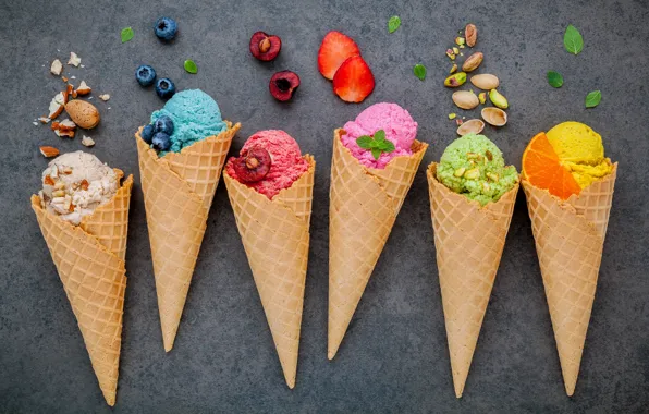 Picture berries, colorful, ice cream, fruit, horn, fruit, berries, ice cream