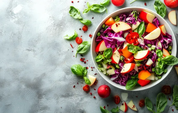 Greens, food, bowl, grey background, vegetables, salad, AI art, neural network