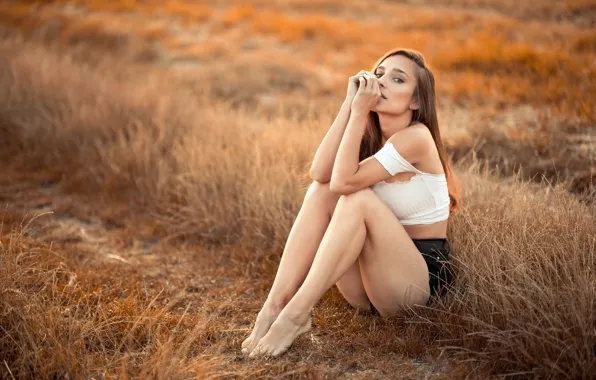 Picture field, grass, look, sexy, pose, model, shorts, portrait