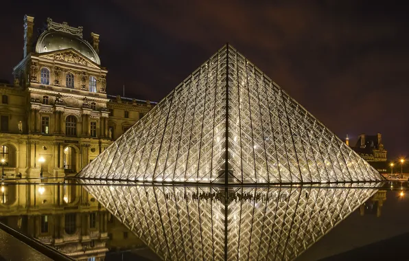 Night, the city, lights, France, Paris, Louvre Pyramid
