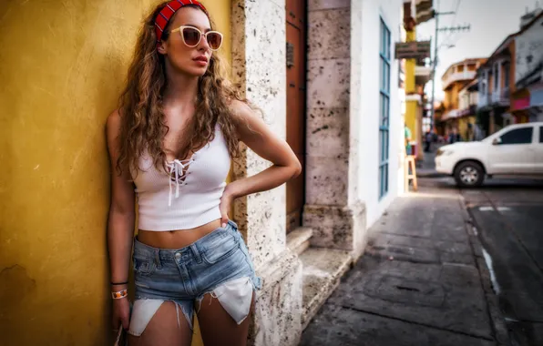 Auto, girl, pose, shorts, Mike, figure, glasses, brown hair